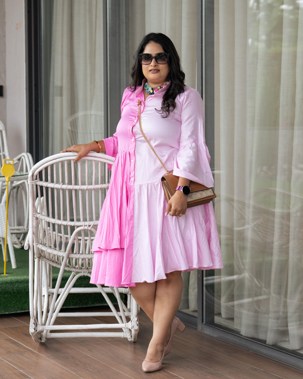Pink ruffle button down dress