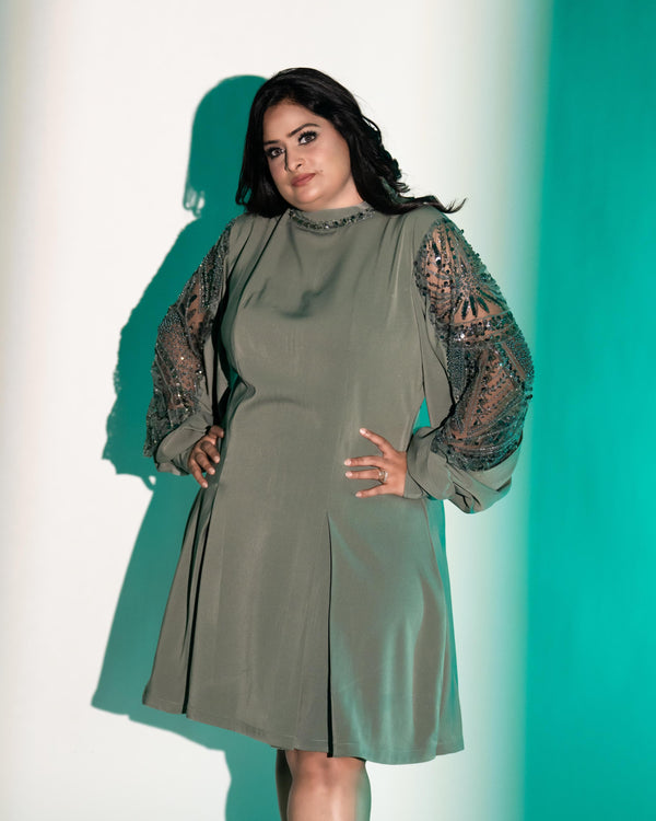 Glittery sleeves olive green dress