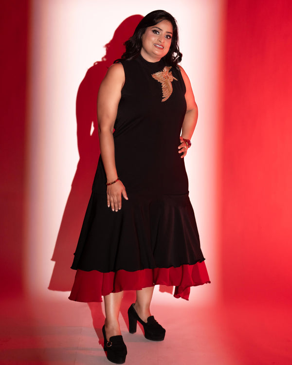 Golden bird black n red dress