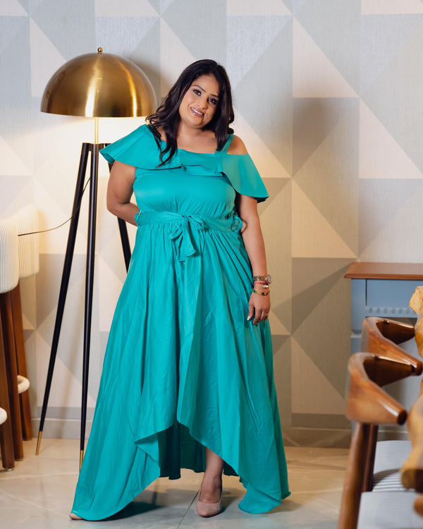 turquoise high low flared dress