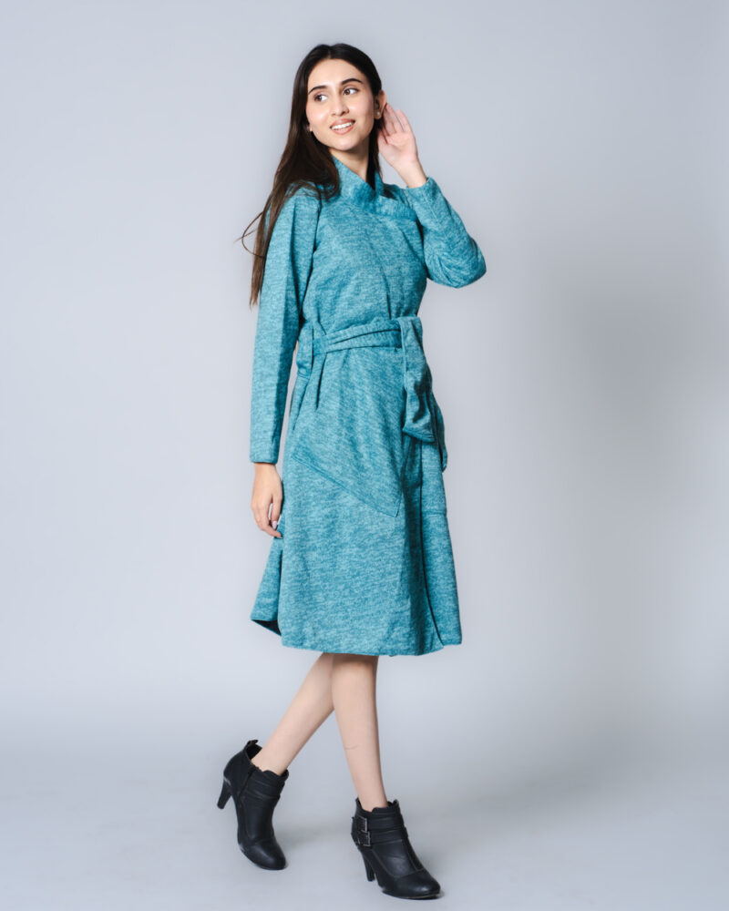 Cyan Wrap Woollen Dress - Image 2