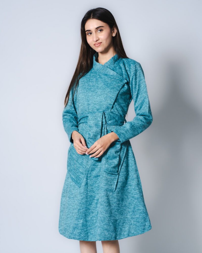 Cyan Wrap Woollen Dress - Image 7